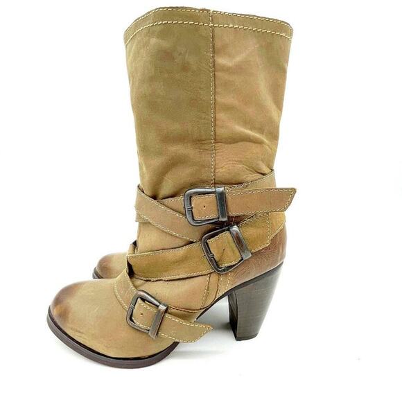 Steve Madden Womens Freeway Taupe Leather Mid-Calf Casual Biker Boots Size US 7 - Picture 1 of 9